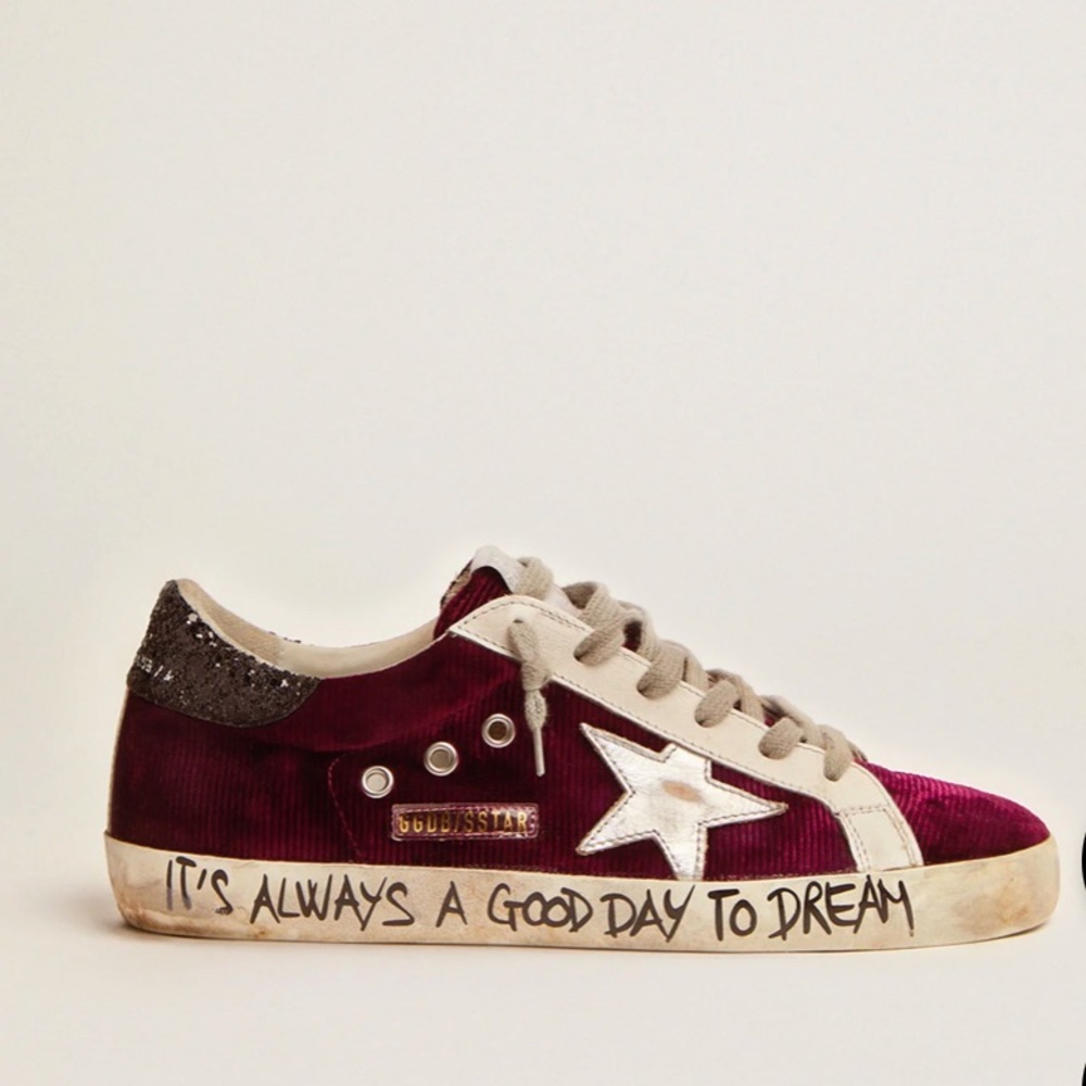 Super-Star sneakers in raspberry-red velvet and black glitter heel tab